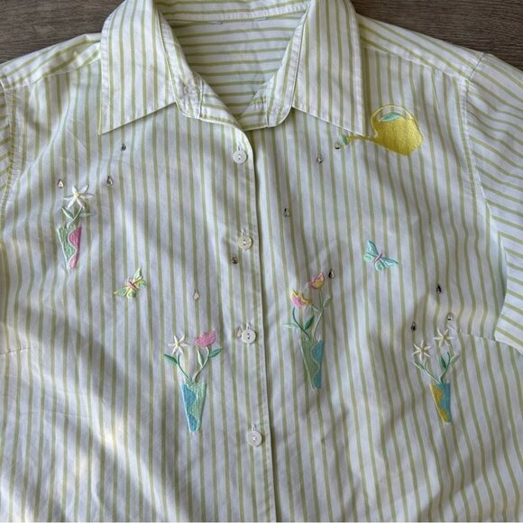 Vintage Tabi Pinstriped Cottagecore Floral Embroidered Sequins Button Down Shirt - Picture 5 of 13